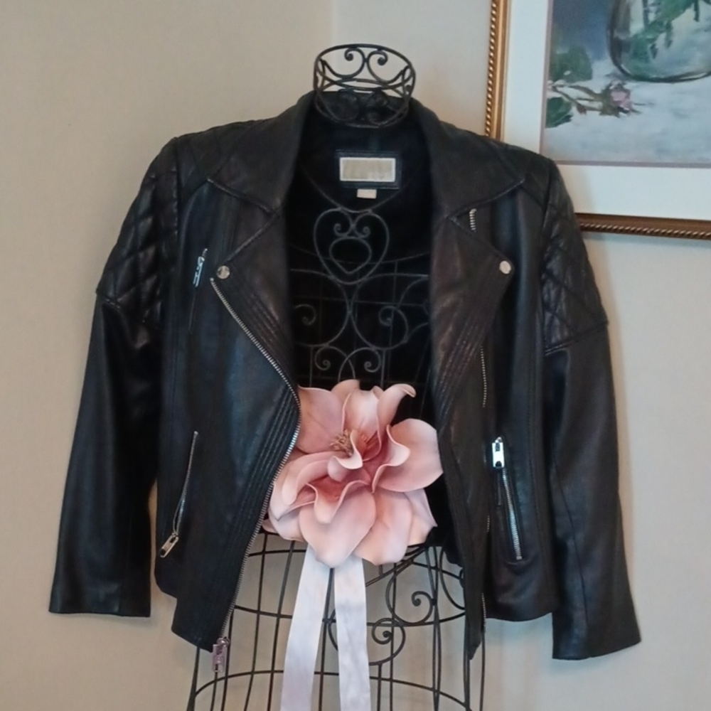 Michael Kors Black Leather Motorcycle Jacket with Asymmetrical Zipper